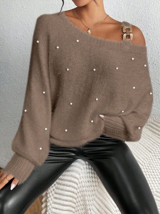 Sweaters - Mocha Brown Casual Women's Asymmetric Pearls Batwing Loose Knit Pullover
